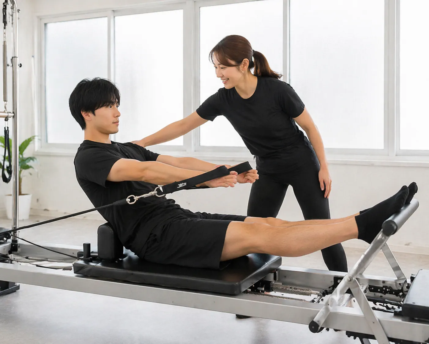 メンズピラティスをしているスタッフと男性